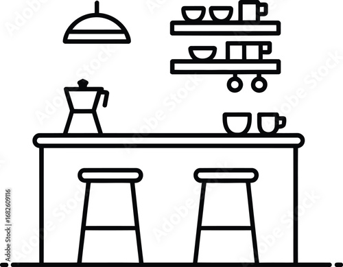 Modern coffee bar illustration with stools and shelving unit