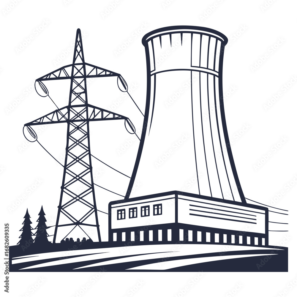 Obraz premium Power Plant Silhouette with Electricity Pylon Vector