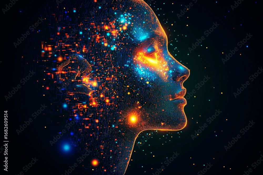 Obraz premium Glowing pixelized face with vibrant colors and digital effects depicting an abstract human figure in a creative concept