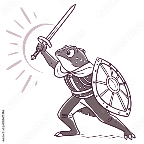 Brave Frog Warrior Holds Sword and Shield High