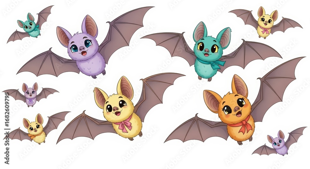 Fototapeta premium Group of Cute Colorful Cartoon Bats Flying on an Isolated White Background