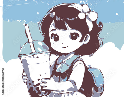 Kawaii chibi girl holding giant bubble tea with pink straw, cute anime style illustration, adorable child character with backpack and ribbon, pastel sky background, joyful and playful digital art
