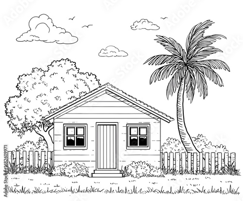 A house with a coconut tree in the rural coloring page