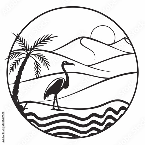 Desert Mirage Palm Tree, Heron, and Dunes - Vector Art