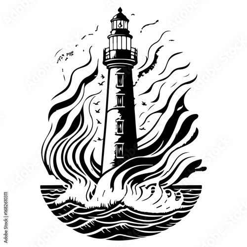 Beacon of resilience illuminating the maritime horizon in a storm tossed seascape illustration