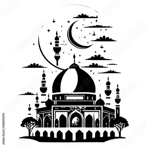 Black and white architectural illustration depicting a silhouette of a mosque with moon and stars