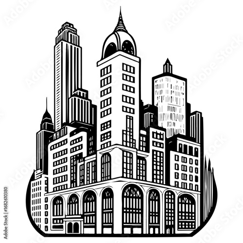 Black and white architectural sketch showing various skyscrapers forming urban landscape skyline