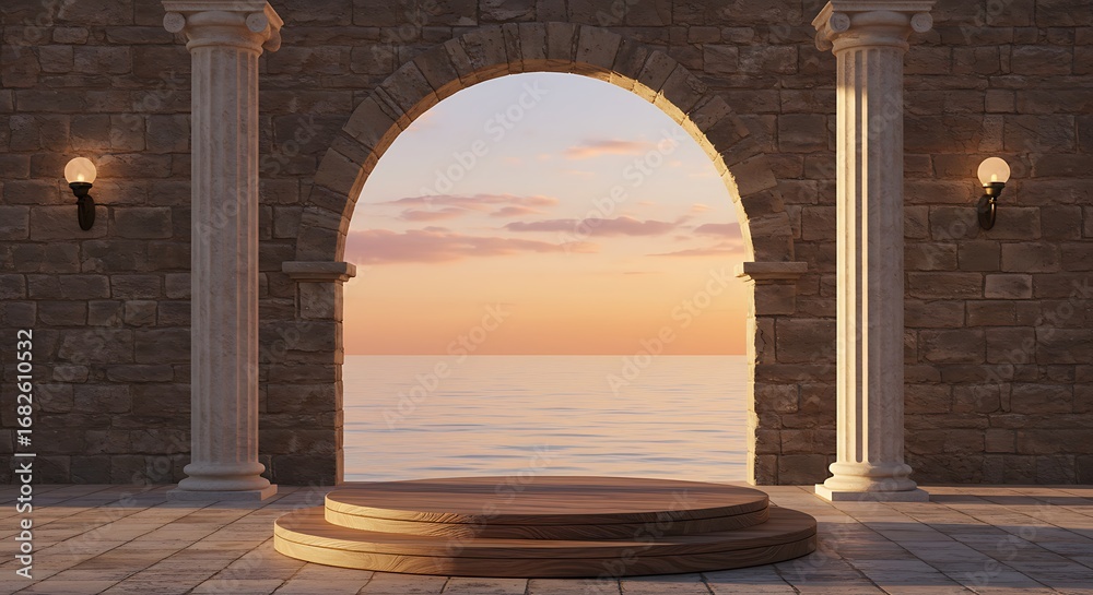Fototapeta premium Elegant stone archway frames serene ocean view at sunset, creating a peaceful and inviting scene with a touch of classical architecture.
