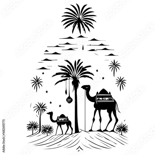 Black and white illustration features camels palm trees and desert dunes evokes serene travel