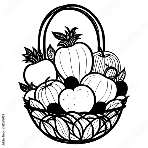 Black and white line art illustration of a bountiful harvest basket overflowing with assorted