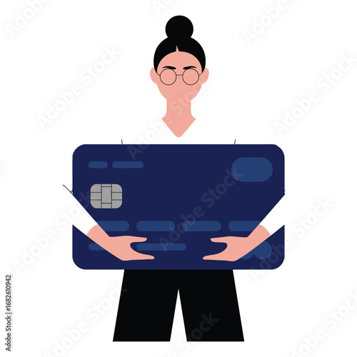 Businesswoman holding large credit card illustration representing finance and banking