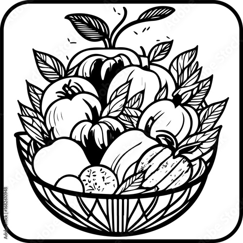 Black and white line art illustration showcases fruit-filled basket brimming with abundance and