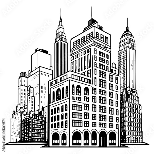 Black and white linear sketch of city buildings showcasing architectural details and perspective