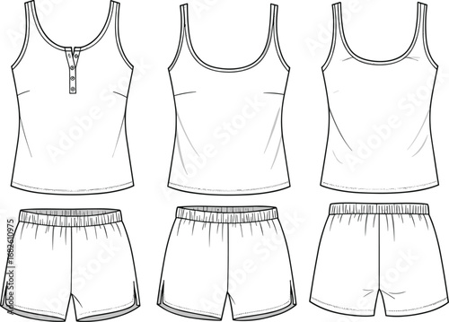 Women's sleepwear set flat sketch, camisole and shorts loungewear CAD, fashion technical drawing vector for pajamas and underwear