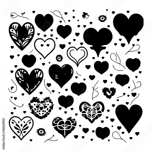 Black and white ornate hearts arrangement, a vector illustration conveying love and graphic design