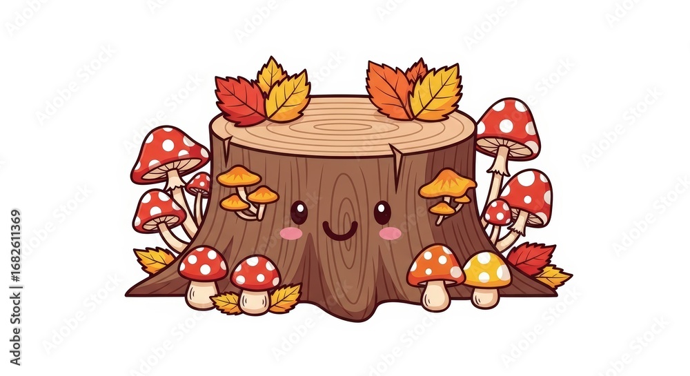 Fototapeta premium Cute Cartoon Tree Stump Character with Colorful Mushrooms and Autumn Leaves
