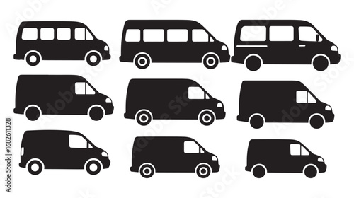 Van and minivan delivery transport vehicle icons set silhouette vector illustration