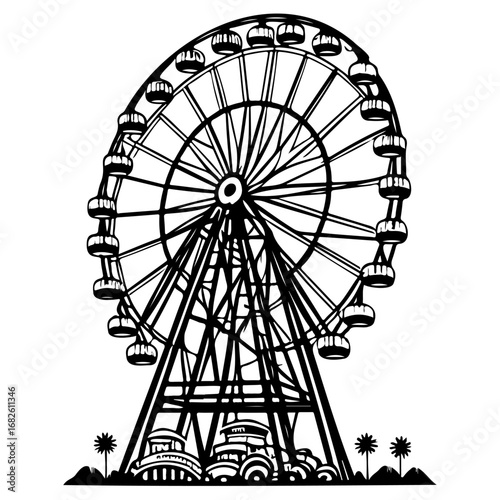 Black and white vector image of a vintage Ferris wheel, representing fun and nostalgic park
