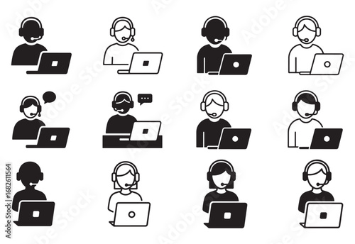 Customer support operator laptop icons silhouette vector