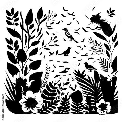 Black silhouette illustration with nature's botanical elements and birdlife in harmonious