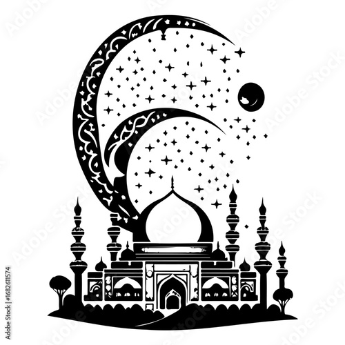 Black silhouette of a majestic mosque with crescent moon and stars offering spiritual reflection