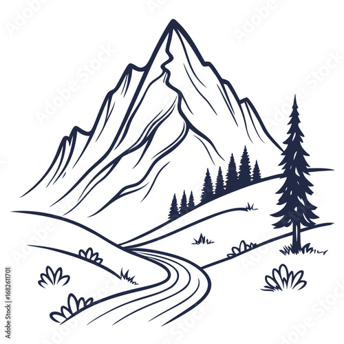 Mountain Landscape Illustration with Trees and River