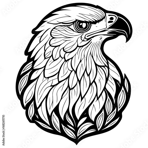 Bold artistic rendering of an eagle head displaying strength and nobility in black lines detailed