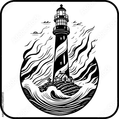 Bold coastal lighthouse illustration standing amidst tempestuous waves and dramatic storm clouds