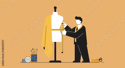 Fashion Designer Measuring Fabric on Mannequin with Tape.