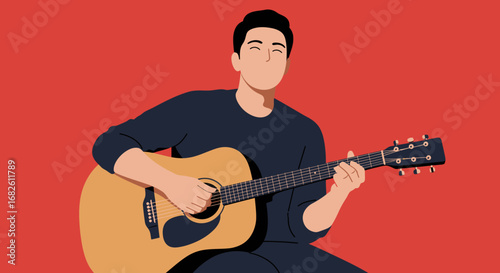 Man Playing Acoustic Guitar with Red Background.