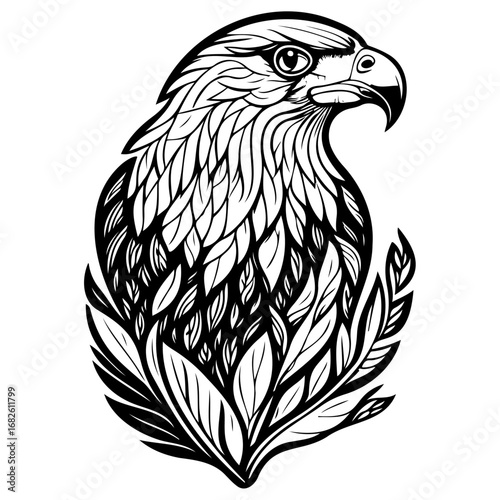 Bold eagle illustration with intricate feather details and sharp gaze captures strength symbolism