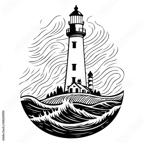 Bold nautical illustration of a lighthouse on a coast surrounded by stylized waves and cloudy sky