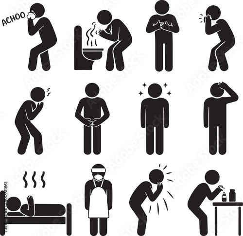Sick ill Fever Flu Cold Sneeze Cough Vomit Disease