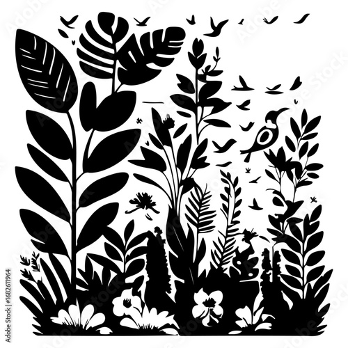 Botanical arrangement: an elegant black and white silhouette featuring lush foliage and flocking