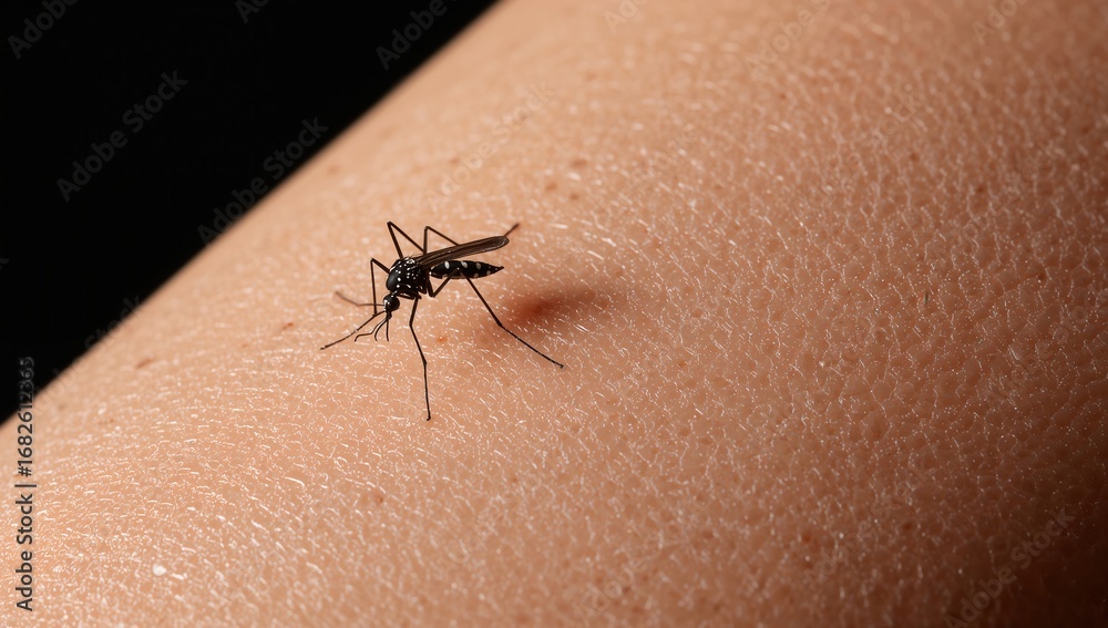 Obraz premium Close-up of a mosquito on human skin, highlighting the fine texture and details of the insect and skin surface