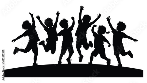 Happy children silhouette illustration jumping and playing together in joy