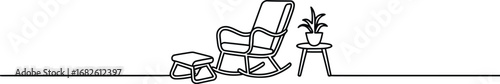 Rocking chair with plant minimal line drawing vector illustration