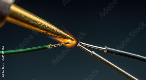 A close-up view showcasing a soldering iron melting solder onto wires. The wires are positioned for joining. Bright orange glow visible