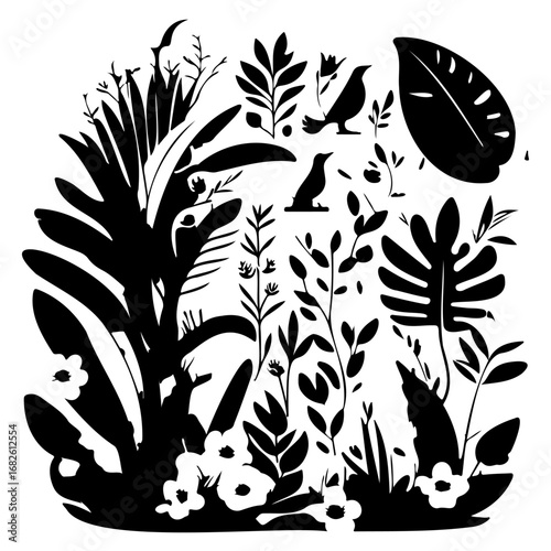 Botanical illustration featuring stylized flora and fauna offering a captivating tropical black
