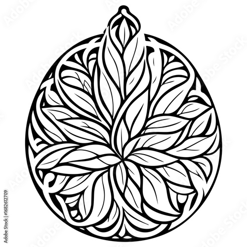 Botanical Ornament Design: Graceful Leafy Symmetry Encased in an Enclosed Decorative Circle for