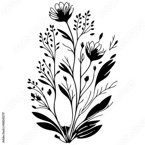 Botanical outline drawing showcases flora with delicate blossom in a whimsical floral display for