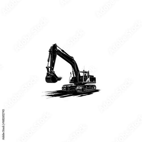 Silhouette of an excavator with an emphasis on its powerful structure and functional elements, stark white background 