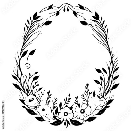 Botanical oval frame design showcasing floral ornamentation and branches creating an elegant