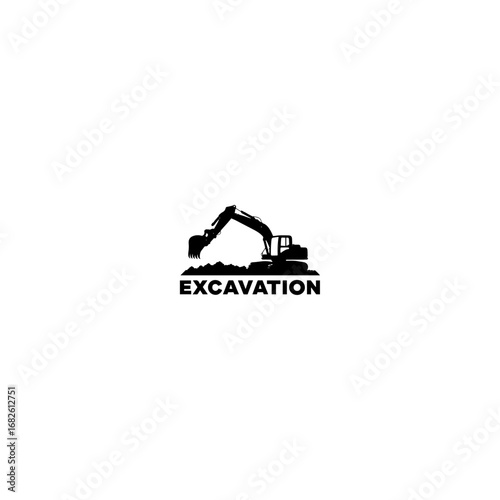 Silhouette of an excavator with an emphasis on its powerful structure and functional elements, stark white background 