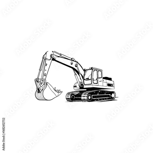 Silhouette of an excavator with an emphasis on its powerful structure and functional elements, stark white background 