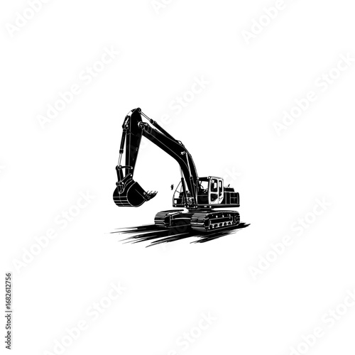 Silhouette of an excavator with an emphasis on its powerful structure and functional elements, stark white background 