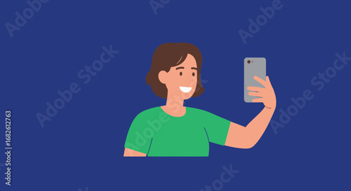 Smiling Woman Taking Selfie with Smartphone.