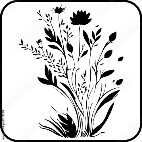 Botanical silhouette design featuring wild herbs and flowers in simplistic monochrome drawing