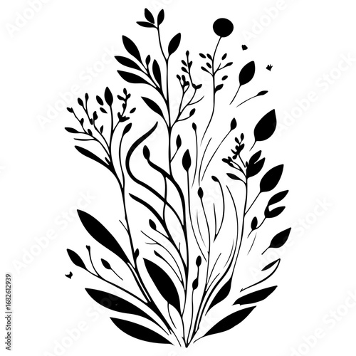 Botanical silhouette illustration featuring stylized foliage delicate branches and scattered