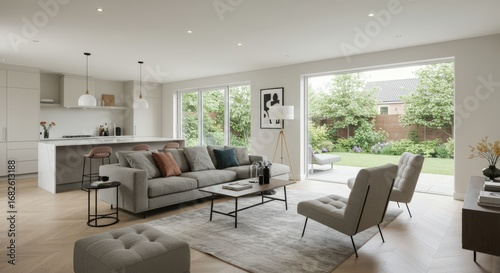 Modern Living Room Interior with Garden View.